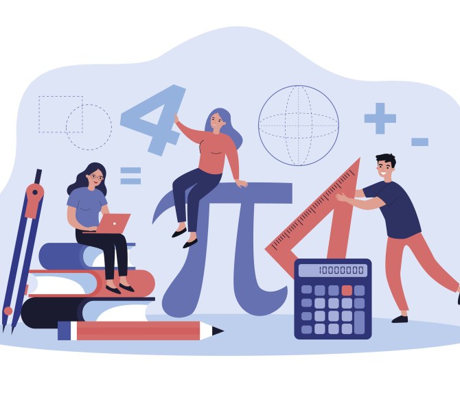 Piiroskuvassa on kolme opiskelijaa matematiikkaa kuvaavien elementtien kanssa.