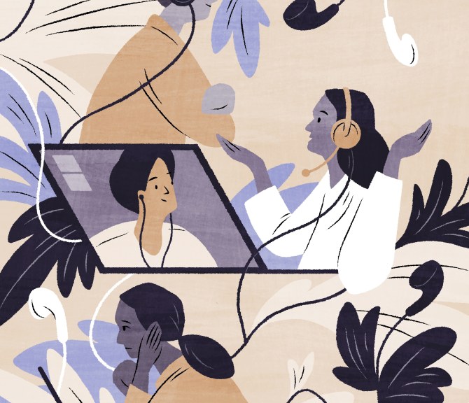 Piirroskuva ihmisistä etäpalaverissa.