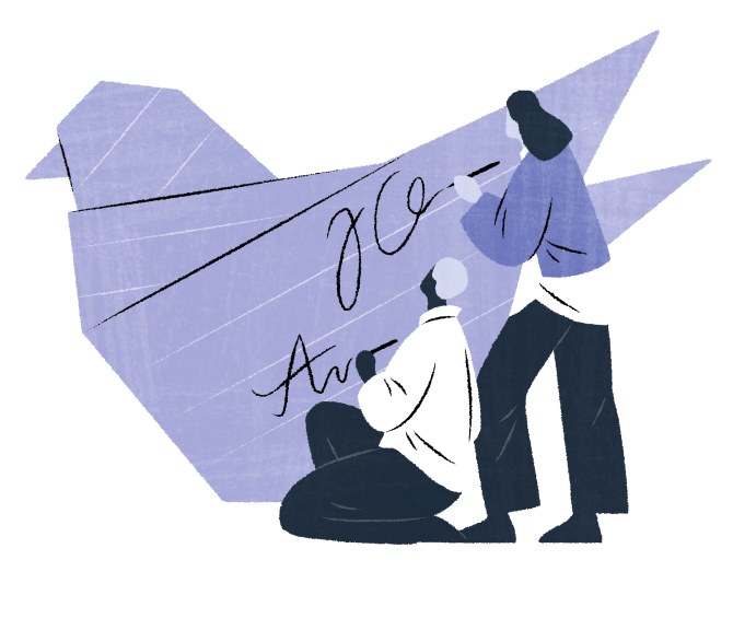 Kaksi hahmoa kirjoittaa origamiin.