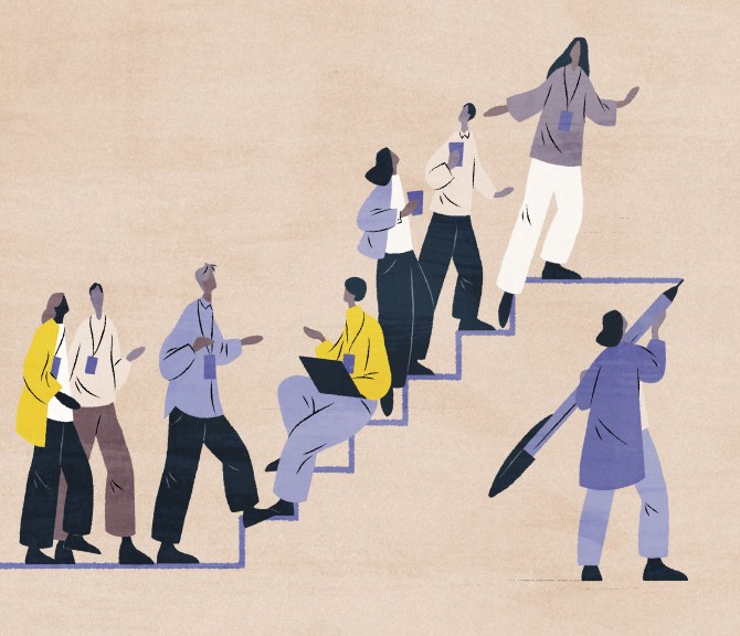 Piirroskuvassa ihmisporukka kiipeää portaita.