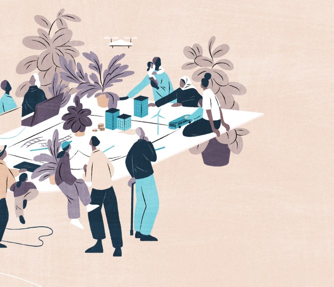 Joukko kuntalaisia pöydän ääressä