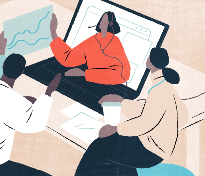 Piirroskuva hybridipalaverista, jossa kolme ihmistä on toimistolla ja yksi etänä.