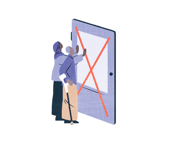 Kaksi henkilöä seisoo suljetun oven takana ja haluaa ovesta sisään.