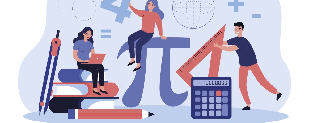 Piiroskuvassa on kolme opiskelijaa matematiikkaa kuvaavien elementtien kanssa.