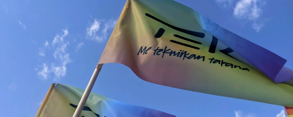 TEKin Pride-liput liehuvat sinistä taivasta vasten.