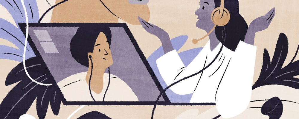 Piirroskuva ihmisistä etäpalaverissa.