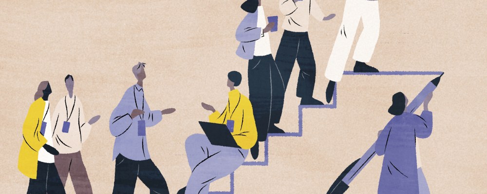 Piirroskuvassa ihmisporukka kiipeää portaita.