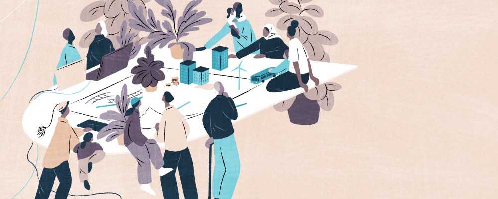 Joukko kuntalaisia pöydän ääressä