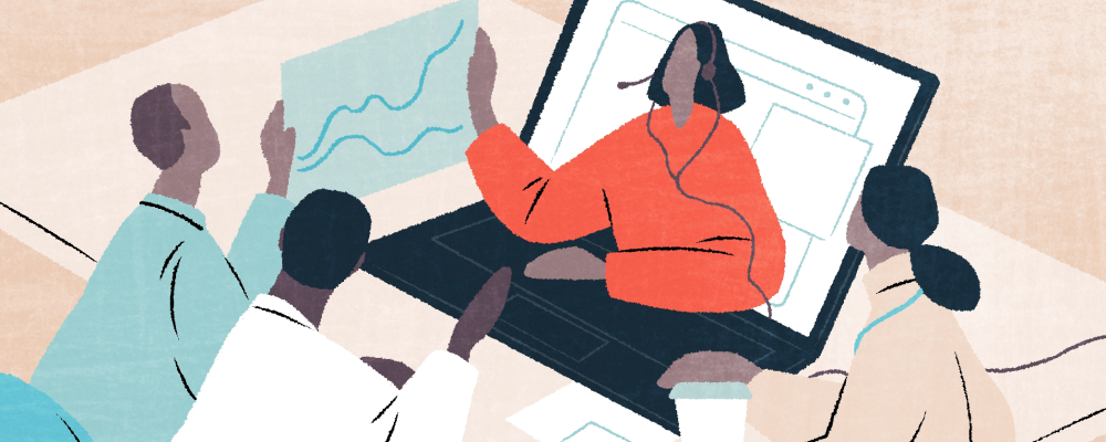 Piirroskuva hybridipalaverista, jossa kolme ihmistä on toimistolla ja yksi etänä.