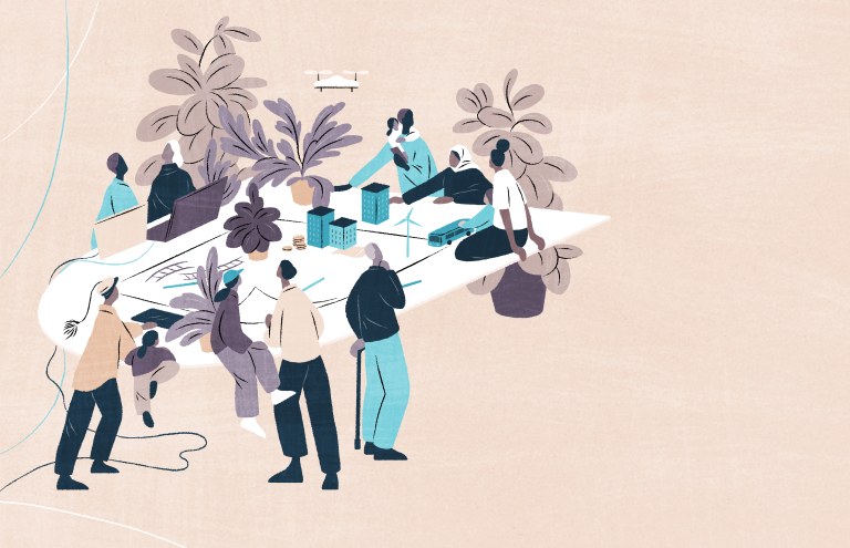 Joukko kuntalaisia pöydän ääressä