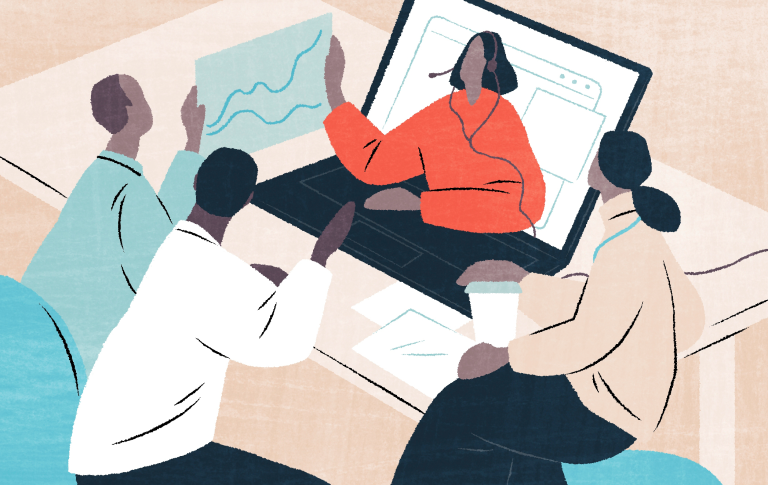 Piirroskuva hybridipalaverista, jossa kolme ihmistä on toimistolla ja yksi etänä.