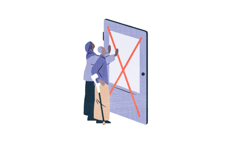 Kaksi henkilöä seisoo suljetun oven takana ja haluaa ovesta sisään.