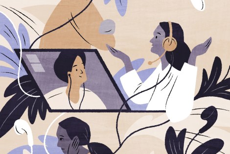 Piirroskuva ihmisistä etäpalaverissa.