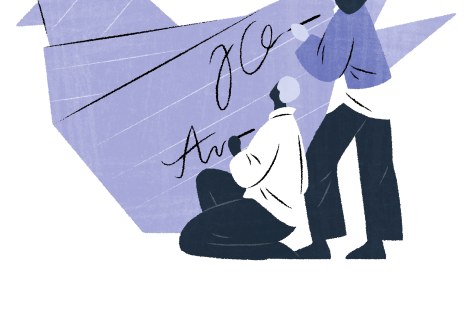 Kaksi hahmoa kirjoittaa origamiin.