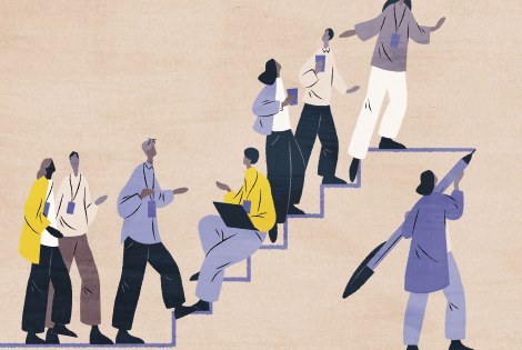 Piirroskuvassa ihmisporukka kiipeää portaita.